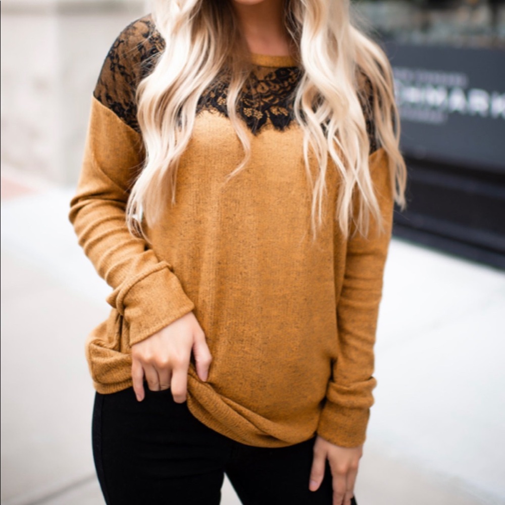 Mustard Black Lace Detail Light Sweater